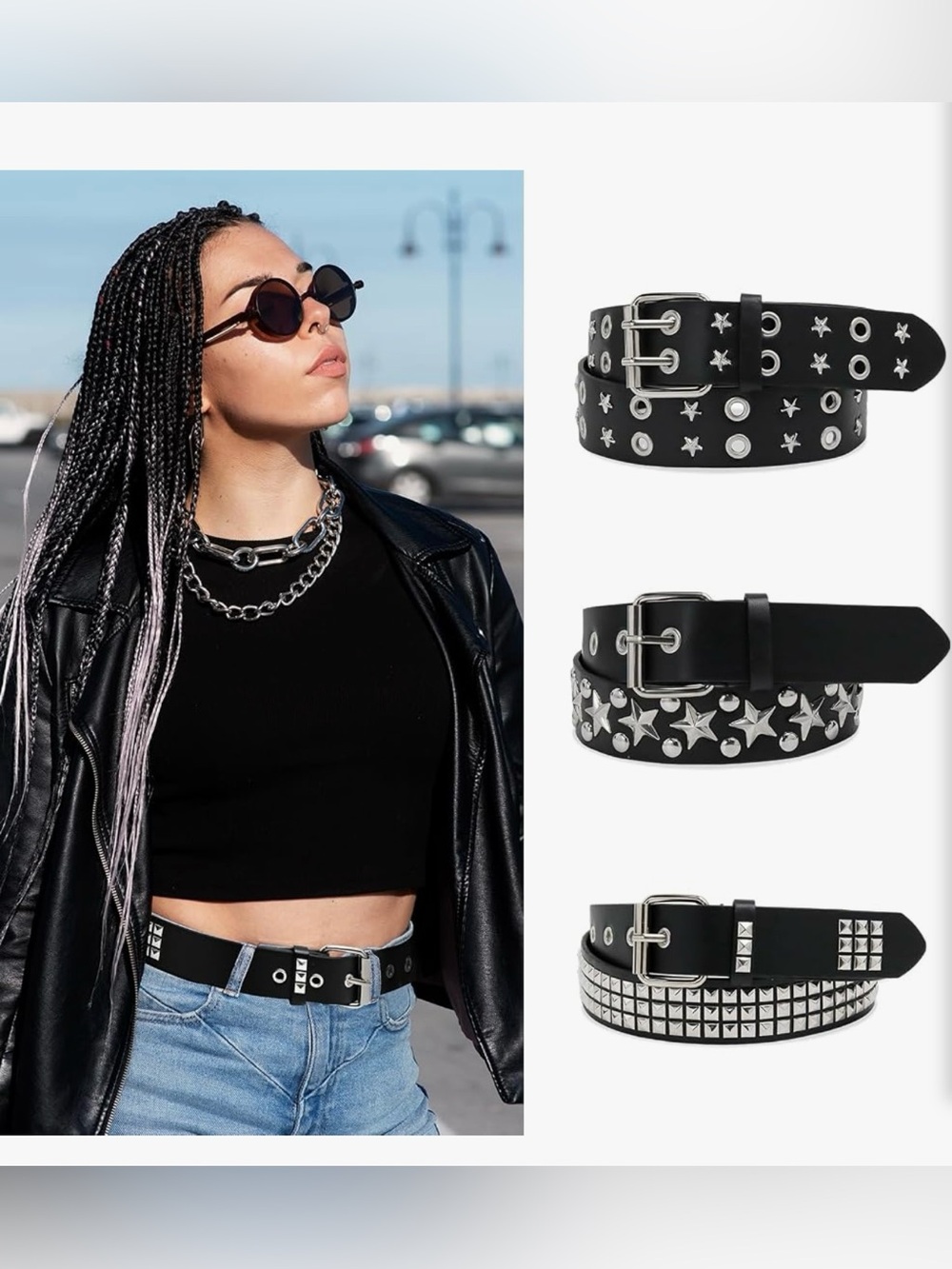 3pc Black Studded & Star Grommet Belt Set - Silver Hardware - Picture 2 of 5